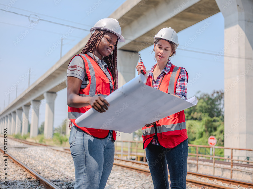 Female railway engineer discusses problems, coworker agrees to the proposal, tells coworker to look at and use radio communication to talk to maintenance staff at construction site.
