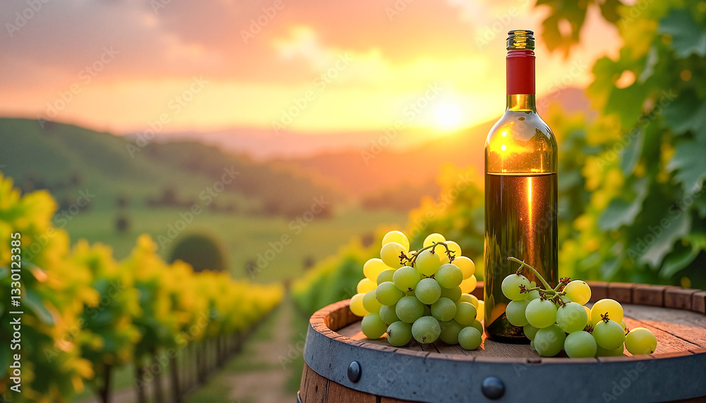 Fototapeta premium Wine barrel with green grapes and a bottle under a stunning sunset, showcasing serene rural beauty and the charm of nature.