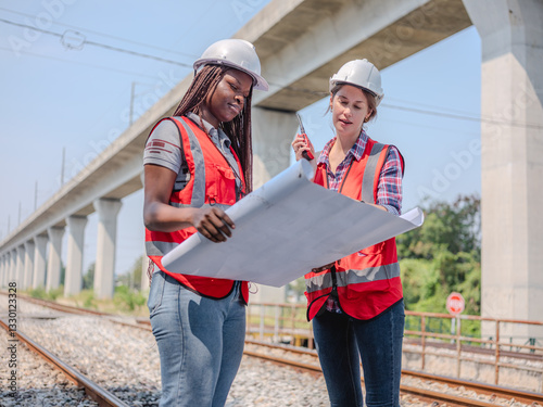 Obraz na płótnie Female railway engineer discusses problems, coworker agrees to the proposal, tells coworker to look at and use radio communication to talk to maintenance staff at construction site. w salonie