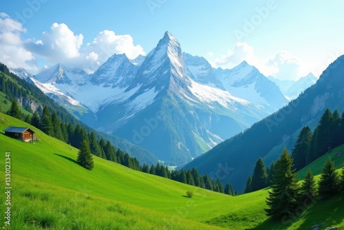 Snow-capped peaks pierce a vibrant green valley Majestic mountain range , peaks, peaceful