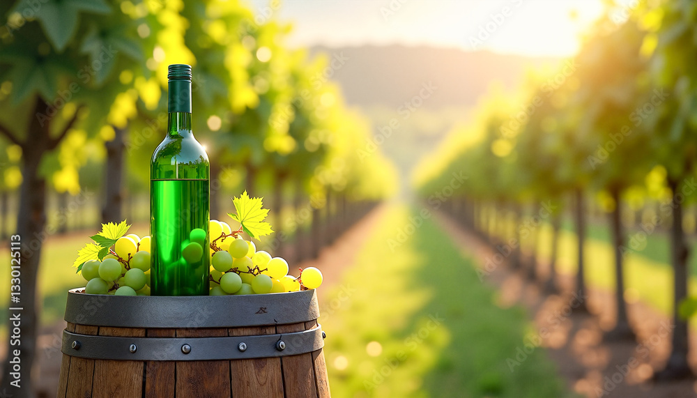 Fototapeta premium Close-up of a green wine bottle and fresh green grapes resting in a wooden barrel, surrounded by lush vineyard, capturing vibrant nature and indulgence.