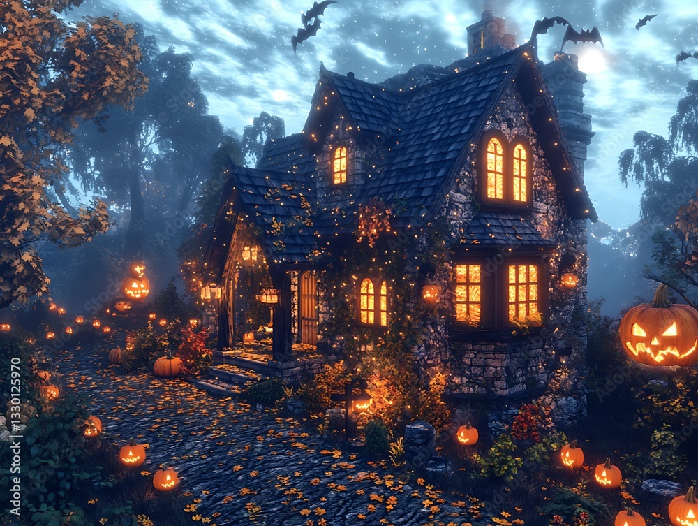 Naklejka premium Enchanting Halloween cottage at night.