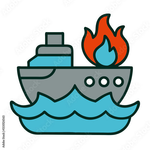 Fire-boat icon with flames on water, specialized transport concept