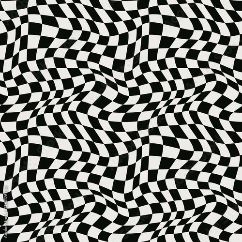 Abstract optical illusion wave. Black and white squares with distortion effect. Vector geometric stripes pattern.