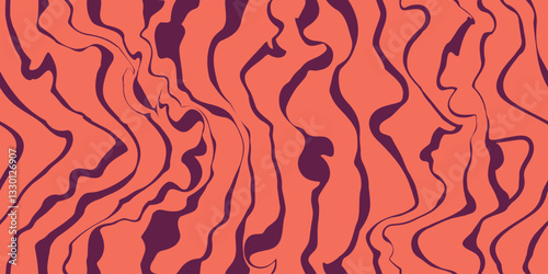 Abstract purple coral psychedelic waves print background. 1970s trippy seamless pattern. Marble acrylic swirl pattern.
