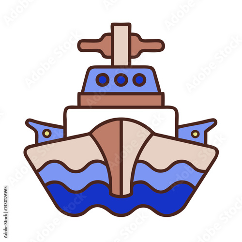 Military cruiser icon sailing through waves, specialized transport concept