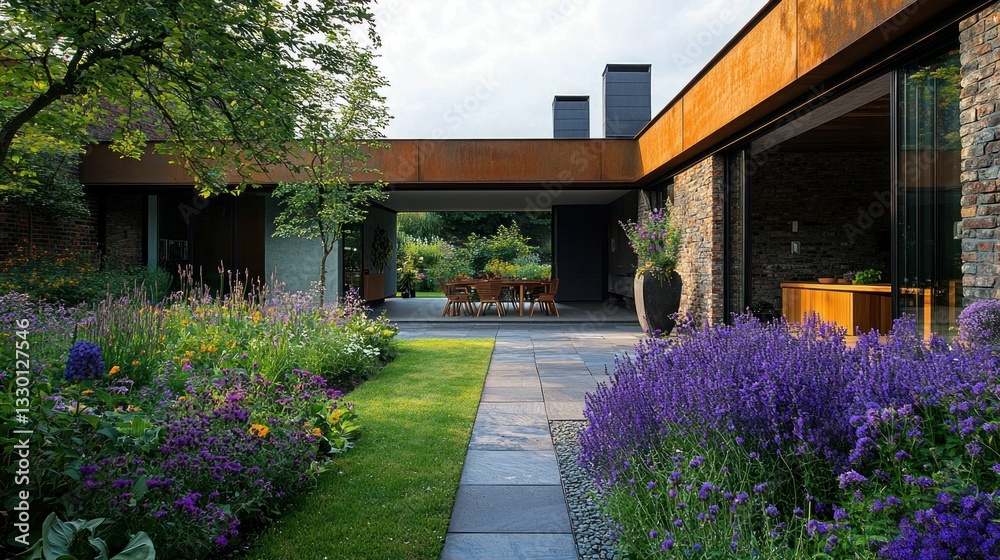 Naklejka premium Modern Courtyard Garden with Dining Area