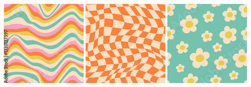 70 Daisy Flowers, Trippy Grid, Wavy Swirl Seamless Pattern Pack in Orange, Pink Colors.