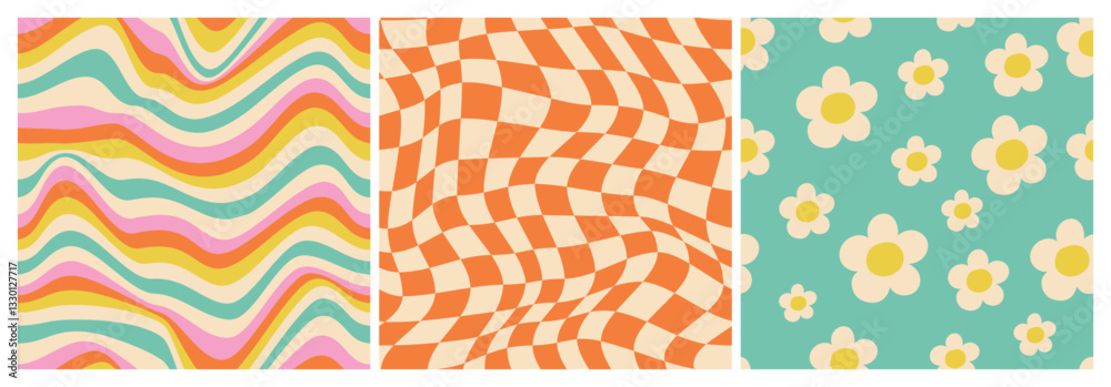 70 Daisy Flowers, Trippy Grid, Wavy Swirl Seamless Pattern Pack in Orange, Pink Colors.