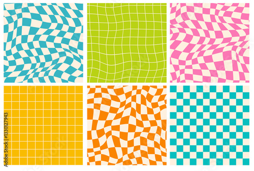 Set of psychedelic checkerboards with distorted grid tile.