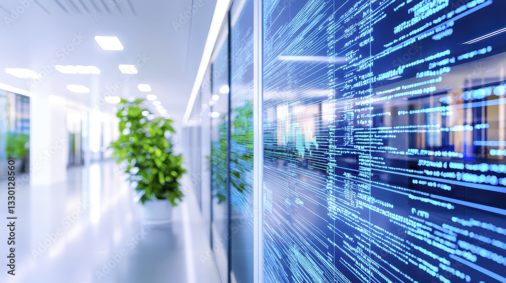 Obraz premium Modern office interior with digital data display and greenery