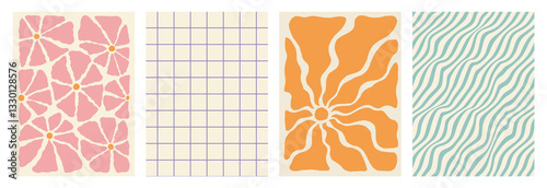 Groovy hippie 70s vector backgrounds set. Chessboard and twisted patterns.