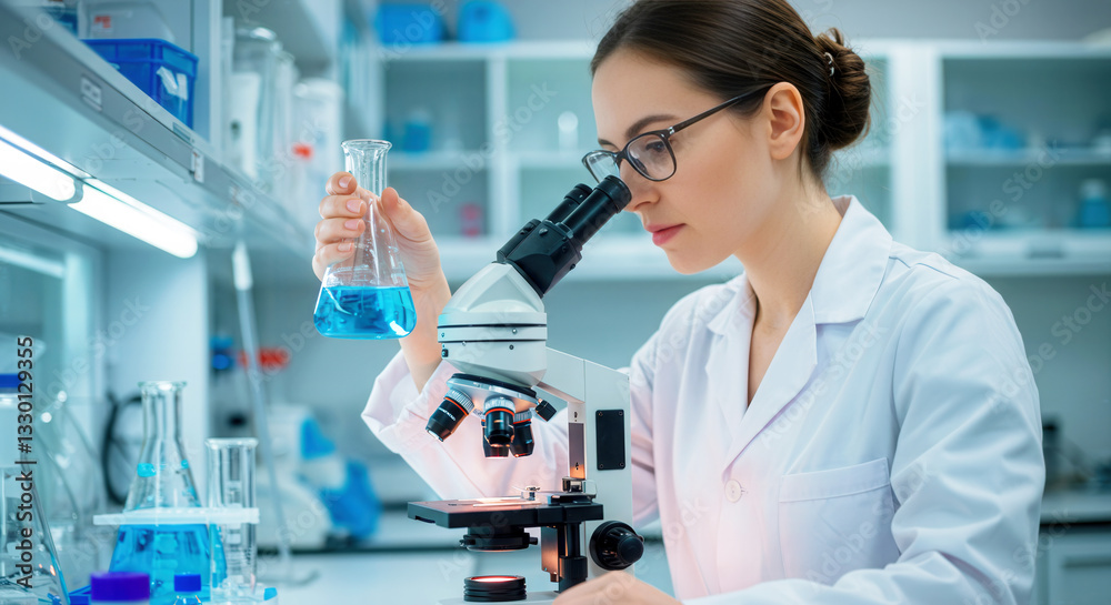 Scientist conducts advanced research in futuristic lab with blue liquid samples and microscope. Scientist conducts advanced research in futuristic lab with blue liquid samples and microscope.