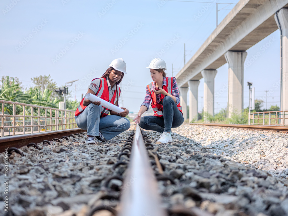 A female railway engineer points to a problem on the tracks railway train for her colleagues to see and uses a radio to talk to maintenance personnel at the construction site.
