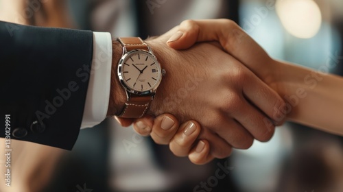 Business partners shaking hands after closing a deal. Businessman shaking hands with a woman partner while wearing a classic watch.