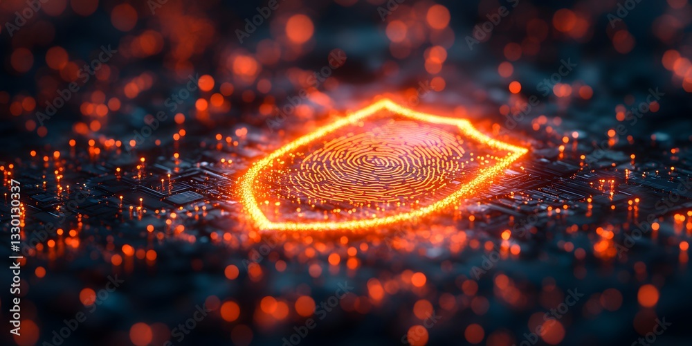 A digital shield icon above a glowing fingerprint scanner symbolizes advanced biometric security and data protection, ideal for promoting digital security technologies and authentication systems. A digital shield icon above a glowing fingerprint scanner symbolizes advanced biometric security and data protection, ideal for promoting digital security technologies and authentication systems.
