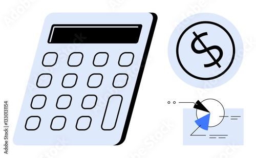 Calculator alongside dollar symbol and pie chart highlights budgeting, cost calculation, and financial analysis. Ideal for finance, accounting, economics, budgeting, savings, investments audits