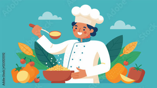 The sight of a skilled chef expertly mixing Ecuadorian quinoa with fresh produce and an array of seasonings creating a dish that is both nourishing and visually stunning.. Vector illustration