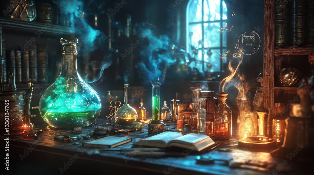 Mystical Alchemist's Workshop Glowing Potions and Blue Smoke Mystical Alchemist's Workshop Glowing Potions and Blue Smoke