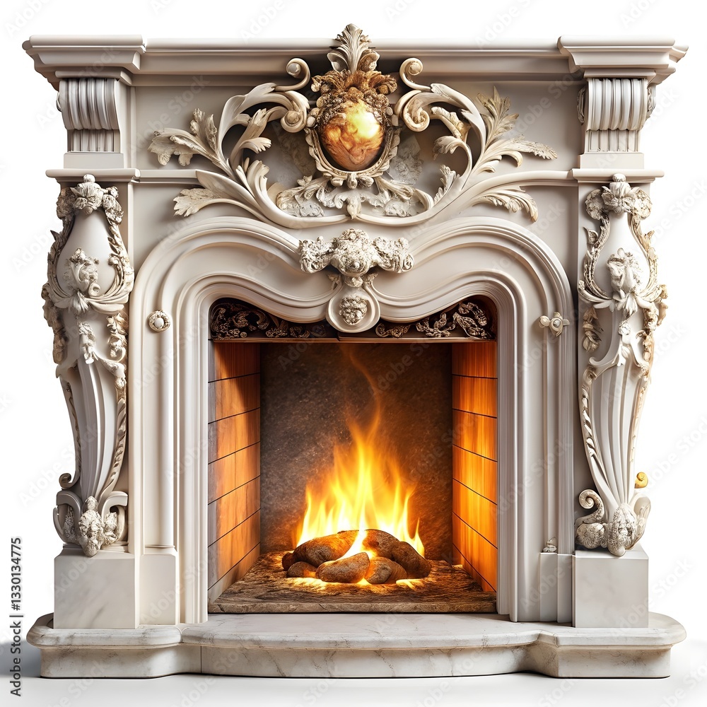 Elegant Baroque white marble fireplace with intricate carvings and a warm glowing fire Elegant Baroque white marble fireplace with intricate carvings and a warm glowing fire
