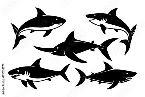 shark set line art silhouette vector illustration