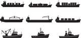 industrial ship icon set. vessels for transportation and fishing. isolated vector images in simple style