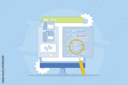 Artificial intelligence coding concept, code development automation, AI code assistance, AI agent coding, robot coding itself. Using AI bots to write programming code. Flat illustration.
