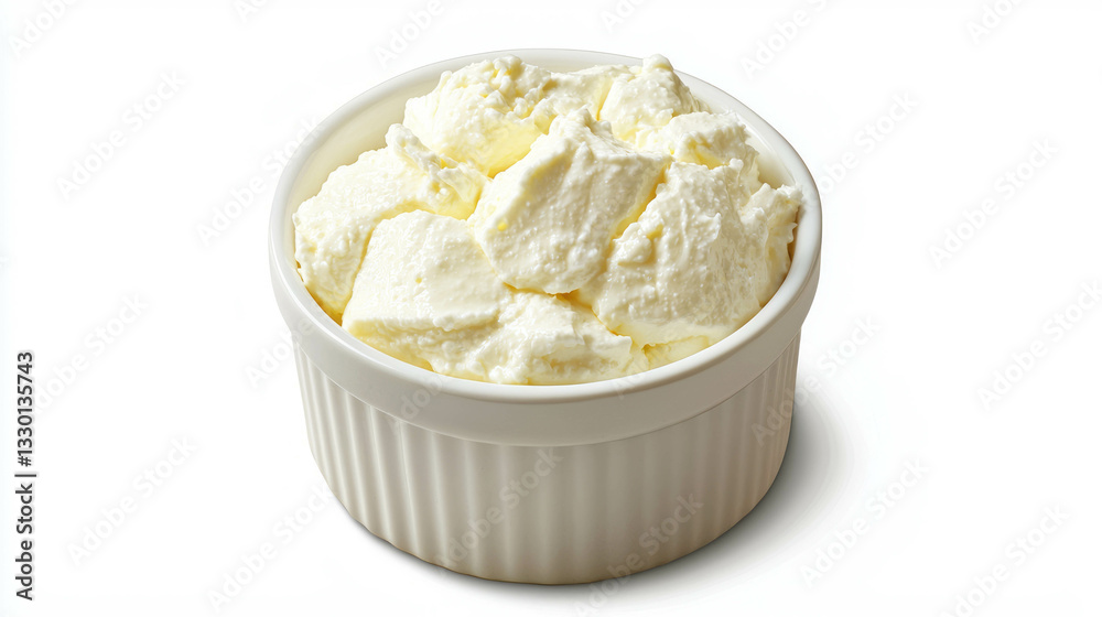 Creamy soft ricotta cheese in ramekin for culinary delights and gourmet dishes Creamy soft ricotta cheese in ramekin for culinary delights and gourmet dishes