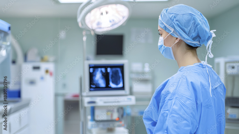 focused medical professional in surgical attire observes monitor displaying medical images in clinical setting