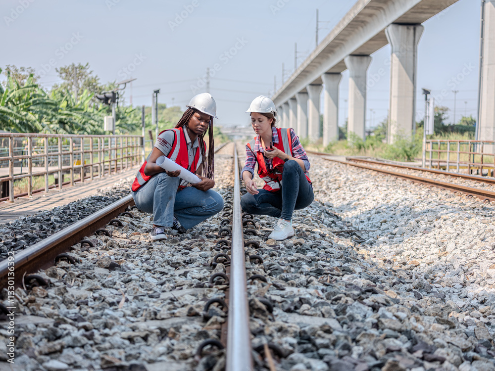 A female railway engineer points to a problem on the tracks railway train for her colleagues to see and uses a radio to talk to maintenance personnel at the construction site.