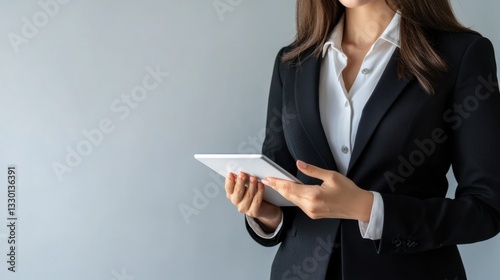 Businesswoman using digital tablet in office setting. Businesswoman holding and using digital tablet, working in modern office environment