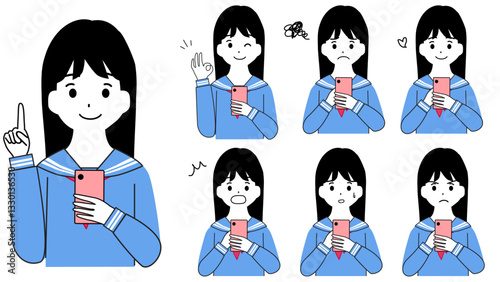 スマートフォンを持つ女子学生の表情セットのイラスト	
