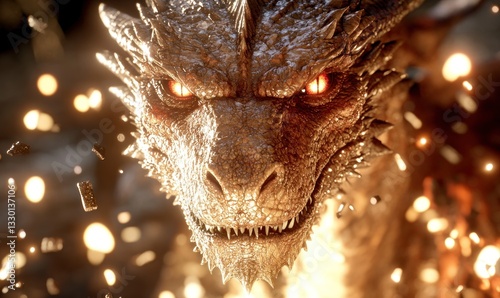 Dragon's Fiery Head, Fantasy, Close-up, Dramatic Background photo