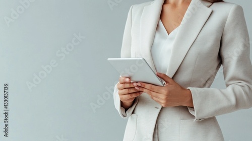 Businesswoman using digital tablet in modern office setting. Businesswoman holding digital tablet, working in modern office, using technology for business tasks. Key points concept template.