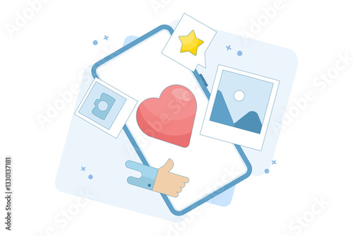 Social media and technology concept with smartphone, like buttons and geometric shapes, chat. Online social communication app concept. Flat vector illustration on background.