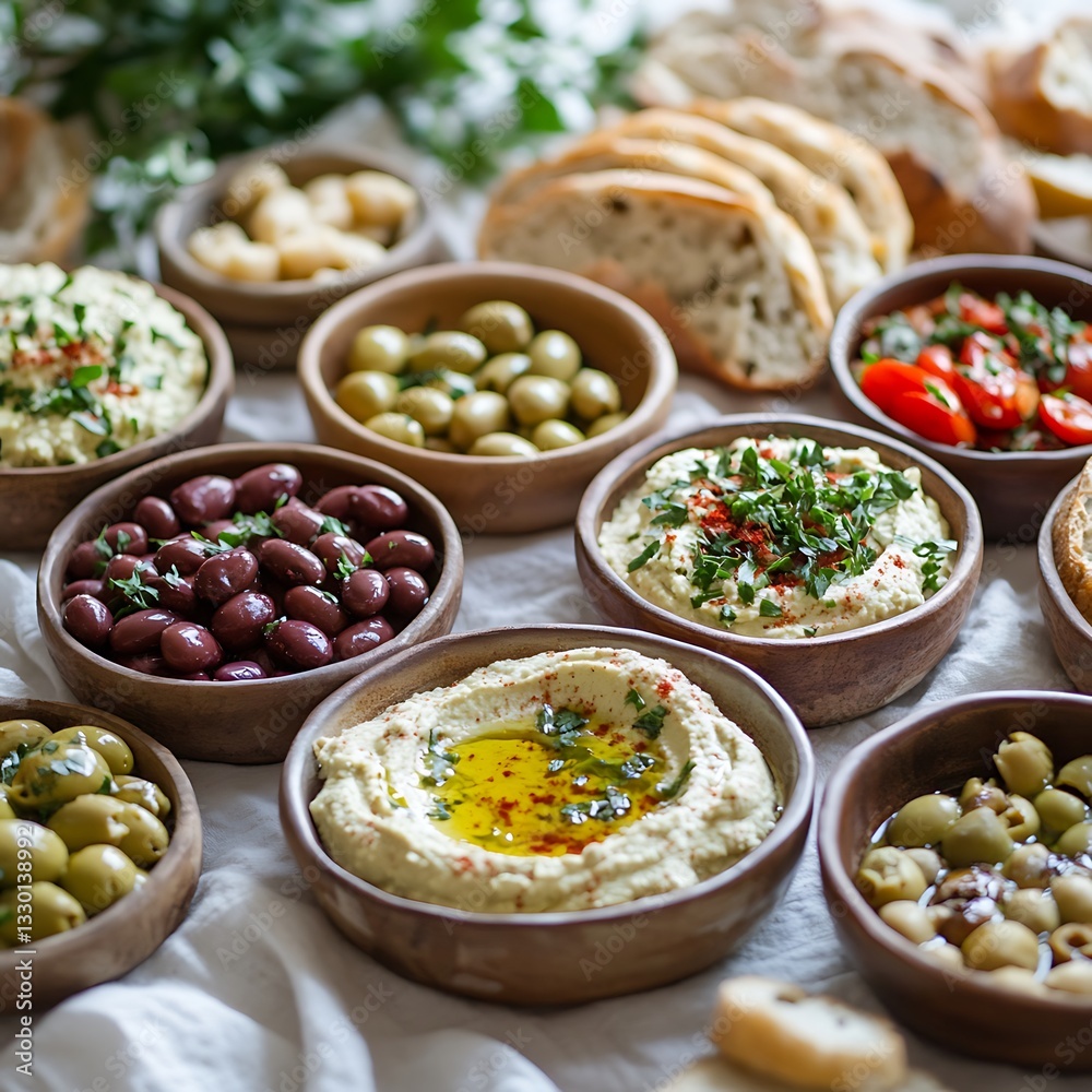 Mediterranean mezze platter with hummus, olives, beans, and bread. Mediterranean mezze platter with hummus, olives, beans, and bread.