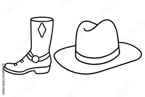 cowboy boots and western hat line art silhouette vector illustration