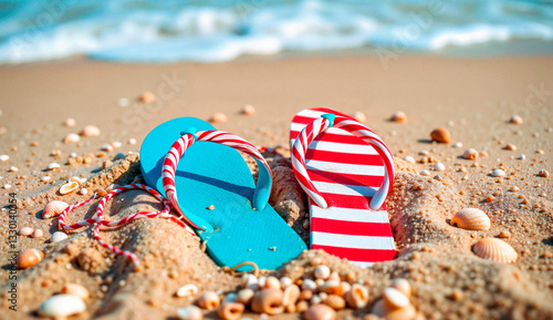 Colorful flip-flops on sandy beach with seashells and gentle waves in the background