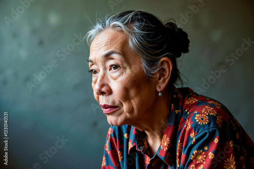 Powerful emotional portrait of a 40-year-old Asian woman in profile with soft lighting
