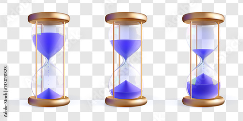 Hourglass 3d time sequence concept. Alarm clock dont miss shop icon. Purple blue sand in glass bulb count hour minute. Sale promo vector gold sandglass timer countdown. Deposit tax payment reminder