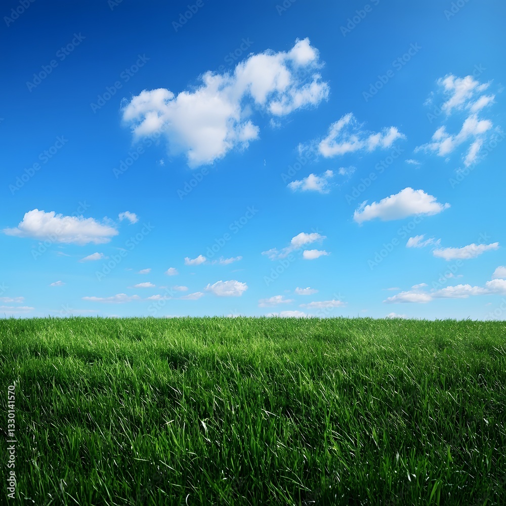 Bright and Peaceful Summer Landscape with Lush Green Grass Field and Fluffy White Clouds in the Blue Sky Bright and Peaceful Summer Landscape with Lush Green Grass Field and Fluffy White Clouds in the Blue Sky