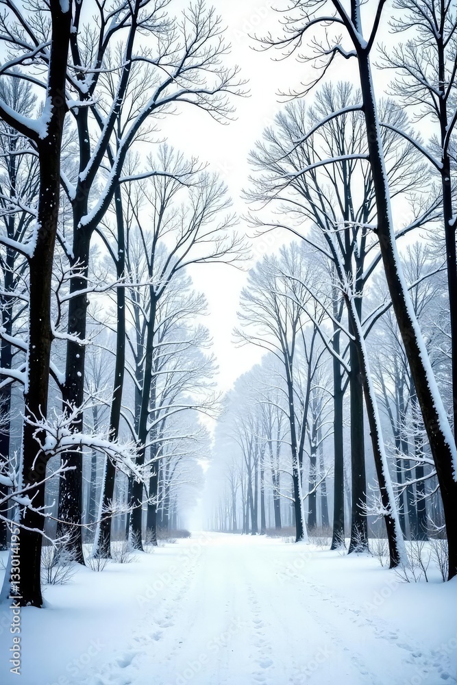 Fototapeta premium Snowy forest branches with bare trees isolated on white background, foliage, still life