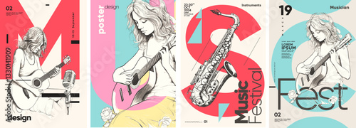 A stylish and dynamic poster featuring a female musician playing a guitar, accompanied by vibrant, minimalist design elements. 