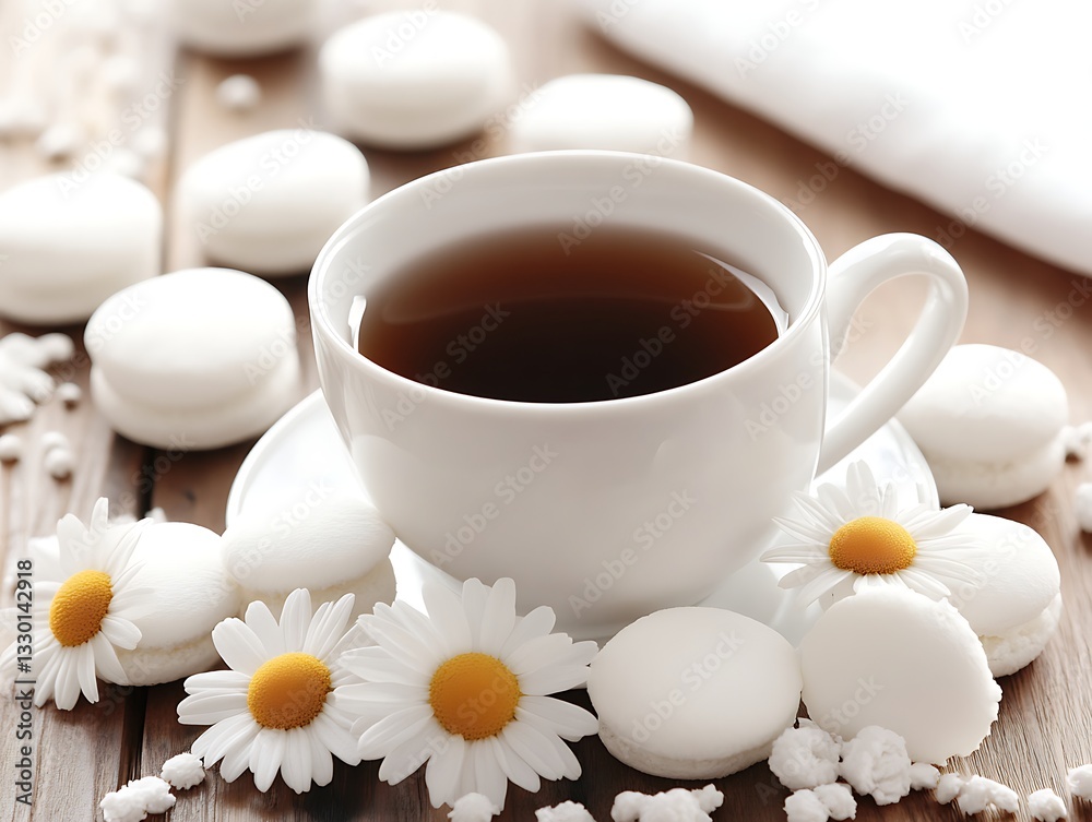 Tea cup with white macaroons and flowers on table Tea cup with white macaroons and flowers on table
