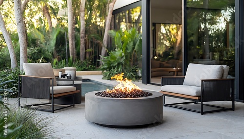 Modern concrete fire pit with lounge chairs on patio.