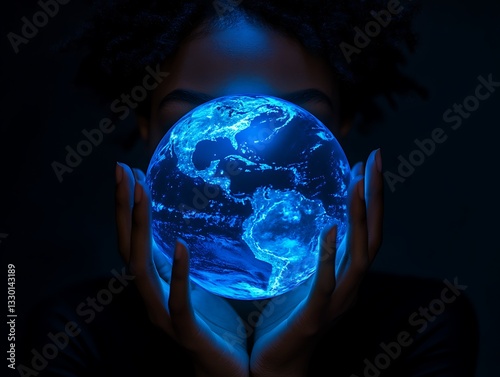 Woman holding glowing Earth globe.