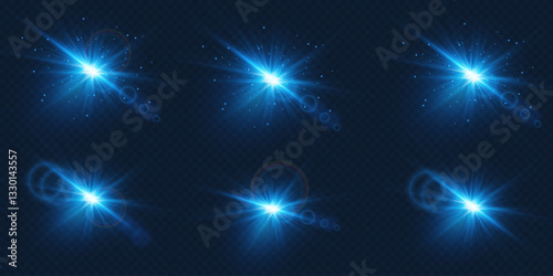 Set of blue glare of light, star flare, star explosion. On a transparent background.