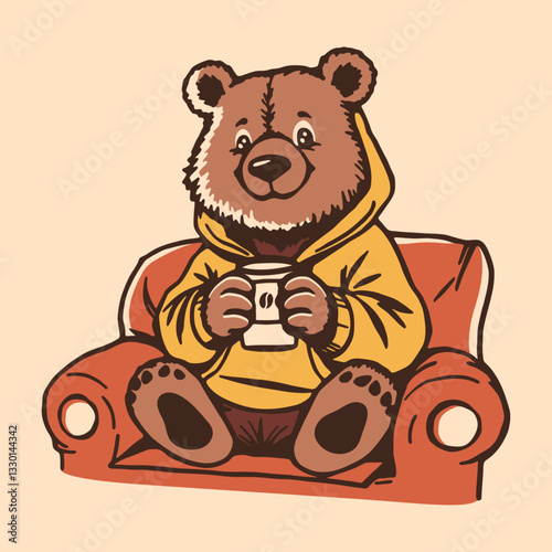 cartoon bear in a hoodie on a couch with a coffee cup cozy illustration