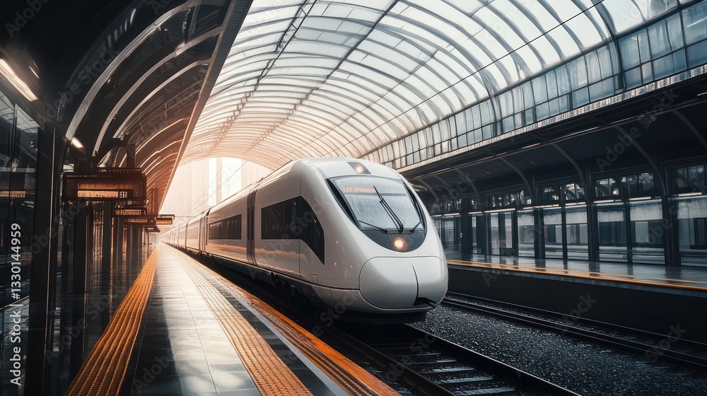 Fototapeta premium Modern high speed train approaching an illuminated railway station platform