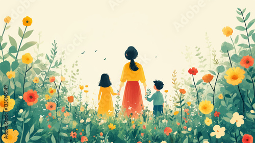 Beautiful illustration of a woman and two children standing in a vibrant flower field, surrounded by blooming plants, evoking feelings of peace, nature, and family bonding